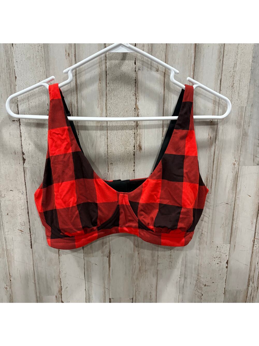 MeUndies FeelFree Longline Bralette in a red and black buffalo plaid Modal XL